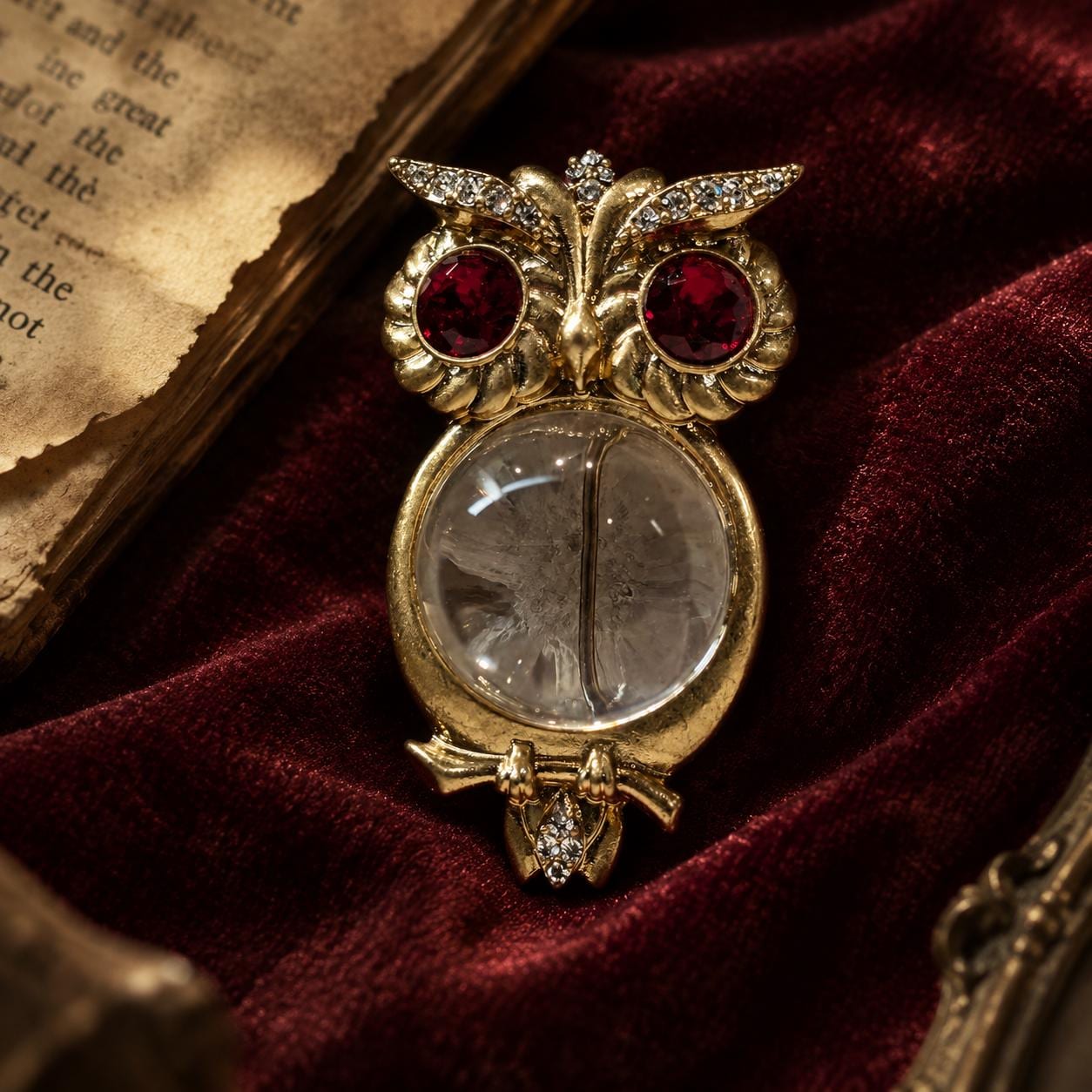 Vintage Gold Owl Brooch, Red Crystal Eyes Magnifying Glass Owl Pin
