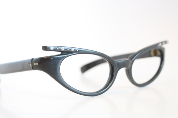 Black Rhinestone Cat Eye Eyeglasses Vintage Glass… - image 3