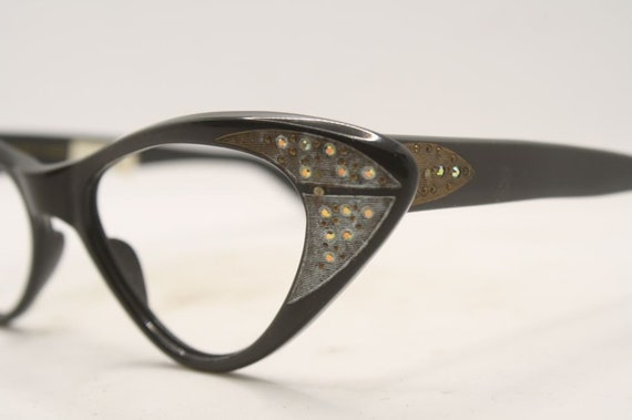 Black Rhinestone Cat Eye Eyeglasses Vintage Glass… - image 4