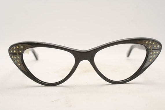 Black Rhinestone Cat Eye Eyeglasses Vintage Glass… - image 3