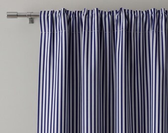 100 % gestreifte Baumwollgardinen, blauer Blockdruck im Landhausstil, maßgefertigter Stangendurchzug, minimalistische Wohnzimmergardinen, auf Bestellung gefertigt