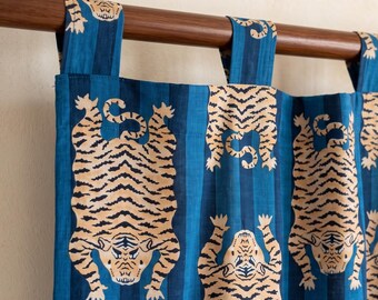 Tibetan Tiger Block Print Fabric by the Yard, Indigo Blue Striped Cotton Fabric, Indian Hand Block Printed Tiger Rug Print for Sewing