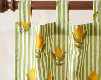 Lemon Print Tab Top Curtain, Green Striped Cotton Kitchen Curtain Panel, Citrus Farmhouse Window Curtain for Dining Room Cottage Decor
