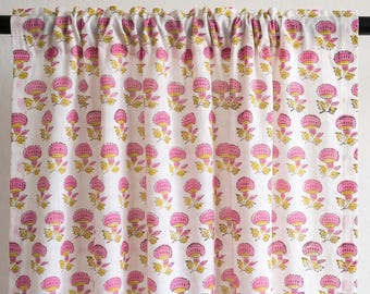 Block Print Curtain, Pink Floral Rod Pocket Cotton Curtain Panel, Boho Farmhouse Window Curtain for Bedroom Living Room, Handmade India