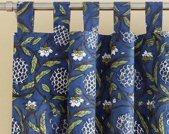 Tab Top Curtains, Floral Hand Block Print Drapery, Organic Cotton Shades, Maximalist Cottagecore Window Drapes, Custom Living Room Curtains