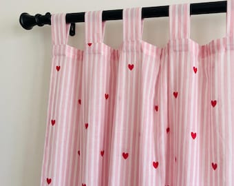 Girls Room Curtain Panel, Pink and White Striped Cotton Tab Top Curtain with Red Hearts, Cute Kids Bedroom Nursery Window Drape Decor
