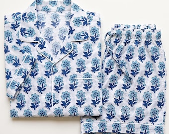 Short Pajama Set Women, Blue Floral Hand Block Print Cotton PJs, Button Down Top & Drawstring Shorts, Summer Loungewear Gift