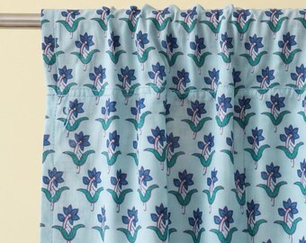 Rod Pocket Cafe Curtain , Blue Floral Block Print, Light Filtering Curtains, Organic Cotton Shades, Coastal Nursery Decor, Cutsom Size Panel