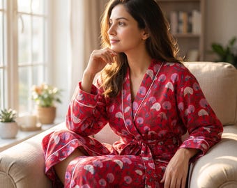 Red Floral Cotton Robe, Bridesmaid Robes, Hand Block Print Kimono Bathrobe, Women's Loungewear Dressing Gown, Christmas Gift for Her