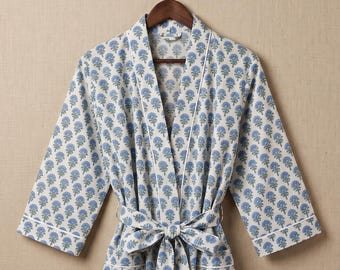 Block Print Kimono Bathrobe, Blue Floral Cotton Robe, Handmade Indian Cotton Robe, Lightweight Dressing Gown, Bridesmaid Robe Gift For Her