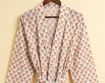 Custom Size Block Print Robe, Cotton Kimono Robe For Women , Cozy Fall Loungewear, Floral Dressing Gown, Wedding Party Gift, Bridesmaid Gift