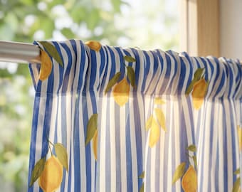 Blue and White Striped Lemon Curtain | Hand Block Printed Cotton Cafe Curtains, Handmade Rod Pocket Drapes,  (2 Panels)