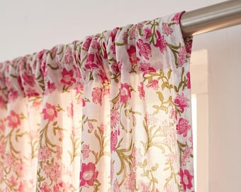 Pink Floral Block Print Curtains, Handmade Cotton Light Filtering Curtains, Boho Rod Pocket Drapes, Farmhouse Window Curtain, Custom Curtain