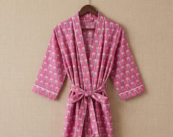 Pink Floral Kimono Robe for Women | Hand Block Print Cotton | 3/4 Sleeve Bathrobe with Belt | Jaipur India | Boho Spa Robe Gift