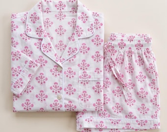 Short Pajama Set Women, Blue Floral Hand Block Print Cotton PJs, Button Down Top & Drawstring Shorts, Summer Loungewear Gift
