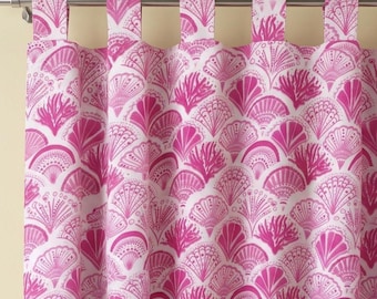 Organic Cotton Drapes, Flower Hand Block Printed Cotton Curtains,  Living Room and Bedroom Window Panel, Tab Top, Various Sizes, 2 Panels