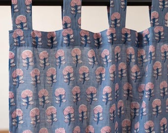 Pink Marigold Floral Curtain Panel, Hand Block Printed Blue Cotton Tab Top Curtain, Semi Sheer Cottage Window Drape Kitchen Nursery