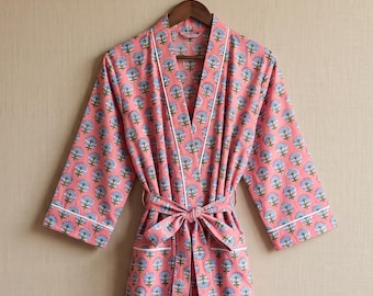 Block Print Kimono Bathrobe, Blue Floral Cotton Robe, Handmade Indian Cotton Robe, Lightweight Dressing Gown, Bridesmaid Robe Gift For Her