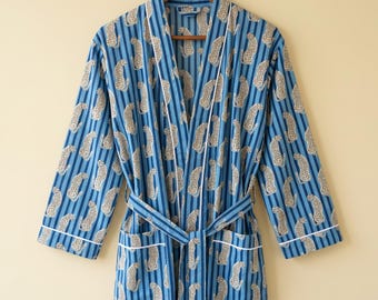 Long\Short Kimono Robe, Women's Cotton Loungewear, Blue Leopard Printed Wedding Robe, Lightweight Dressing Gown, Morning Robe, Gift For Wife