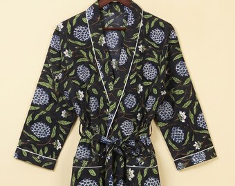 Personalized Floral Wrap Robes, Hand Block Print Loungewear, Luxury Long Dressing Gown, Cotton Bridesmaid Robe, Boho Wedding Gift,