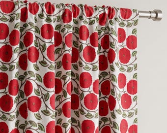 Vintage Red Floral Block Print Curtains, Light Filtering Cotton Drapes, Rod Pocket / Tie Top / Tab Top Curtains, Living Room Home Decor
