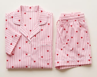 Pink Striped Heart Print Pajama Set, Women's Cotton Short Pj Set, Valentines Day Gift For Her, Galentines Pajamas, Cute Loungewear
