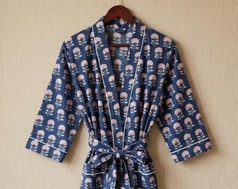 Block Print Cotton Kimono Robe, Indigo Floral Bathrobe for Women, Lightweight Bridesmaid Robe, Boho Spa Loungewear Gift for Her