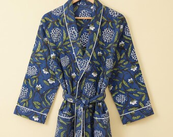Blue Floral Kimono Bathrobe,  Dress Women Wedding Bridesmaid Robe, Cotton Block Print Dressing Gown,Shower Maternity Bathrobe,Christmas Gift