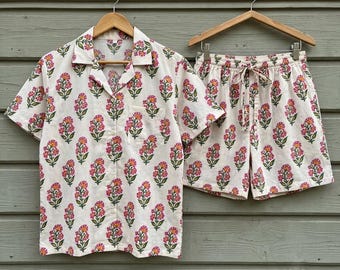 100% Cotton Pajama Set  Boho Block Print Cotton Sleepwear Set  Indian Block Print Loungewear Short Sleeve Shorts Handmade Matching Pajamas