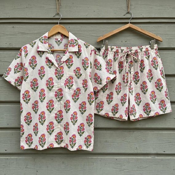 100% Cotton Pajama Set  Boho Block Print Cotton Sleepwear Set  Indian Block Print Loungewear Short Sleeve Shorts Handmade Matching Pajamas
