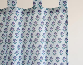 Tab Top Block Print Curtain, Light Blue Floral Cotton Curtain Panel, Indian Hand Block Printed Boho Window Curtain for Bedroom Kitchen