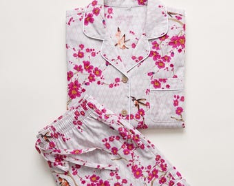 Cherry Blossom Cotton Pajama Set, Hand Block Printed Women's Short PJ Set, Floral Loungewear, Bridesmaid Gift for Her, Jaipur Handmade