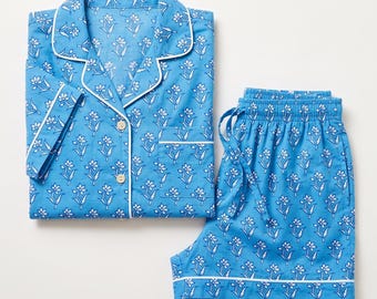 Cotton Short Pajama Set Women, Hand Block Print Blue Floral PJs, Button Down Top & Drawstring Shorts, Handmade Jaipur Summer Loungewear