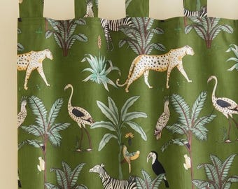 Olive Green Safari Curtains, Organic Cotton Block Print Drapes, Tie Top/ Tab Top/ Rod Pocket Curtains, Farmhouse Window Panel, Boho Decor