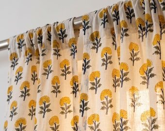 Indian Hand Block Print Curtains - Jaipur Yellow Floral Drapes - Organic Cotton Sheer Curtains, Boho living Room Window Curtain Panel