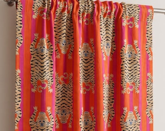 Tiger Print Curtain, Hot Pink and Orange Striped Rod Pocket Curtain Panel, Bold Colorful Eclectic Maximalist Window Curtain Decor