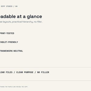 Op de afbeelding: Een grafisch ontwerpdocument getiteld SMALL DIFF STUDIO / 04 met de kop Readable at a glance en de tekst Sparse layouts, practical hierarchy, no filler. Het bevat de lijsten PRINT-TESTED, TABLET-FRIENDLY en FRAMEWORK-NEUTRAL met iconen.