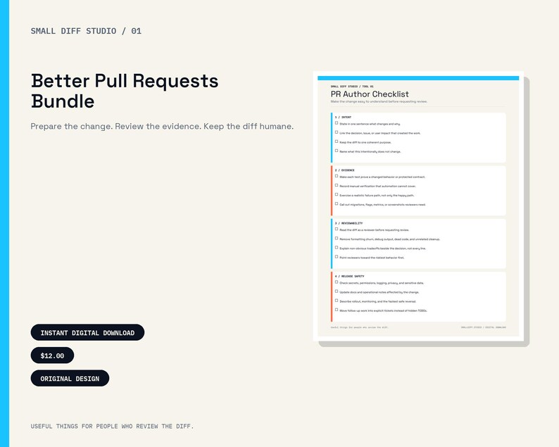 May include: A digital document titled Better Pull Requests Bundle featuring a PR Author Checklist with sections for clarity, design, visibility, and security. The layout includes checkboxes, blue and orange accents, and text on a light background.