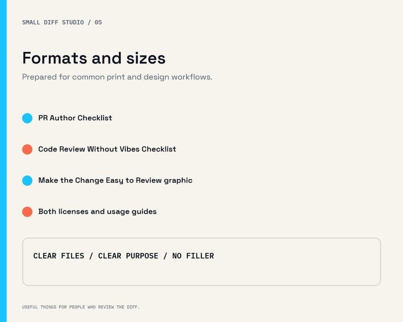 May include: A digital graphic titled Formats and sizes by Small Diff Studio. It lists PR Author Checklist, Code Review Without Vibes Checklist, Make the Change Easy to Review graphic, and Both licenses and usage guides with bullet points.