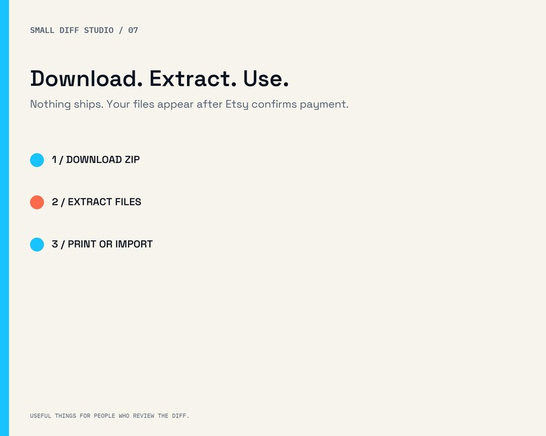 Op de afbeelding: Een digitale instructieafbeelding met een cr&egrave;mekleurige achtergrond en een verticale blauwe streep aan de linkerkant. De tekst luidt: SMALL DIFF STUDIO / 07, Download. Extract. Use., 1 / DOWNLOAD ZIP, 2 / EXTRACT FILES, 3 / PRINT OR IMPORT en USEFUL THINGS FOR PEOPLE WHO REVIEW THE DIFF.