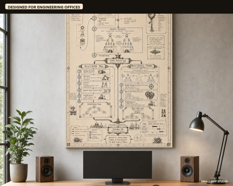 Diagrama del ciclo de vida de renderizado de React, arte mural para ingenieros de software (descarga digital) imagen 2
