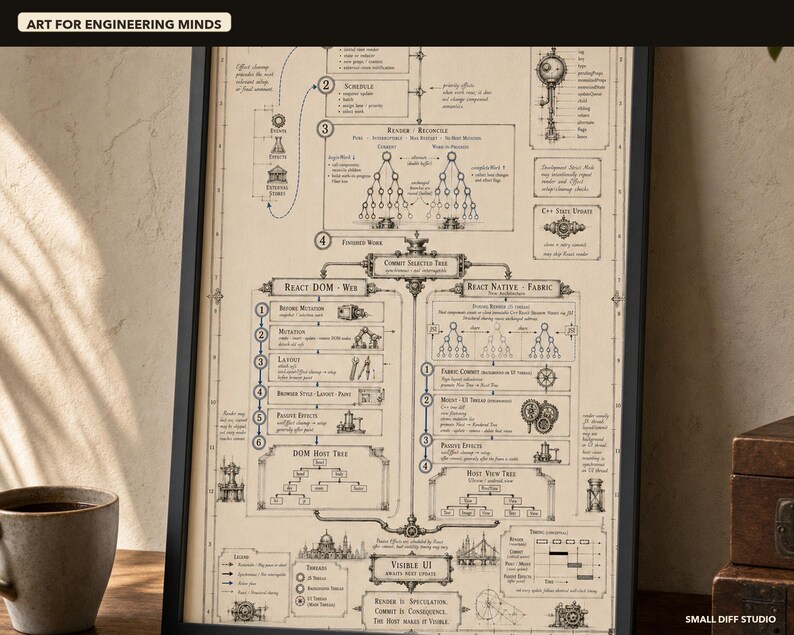 Diagrama del ciclo de vida de renderizado de React, arte mural para ingenieros de software (descarga digital) imagen 3