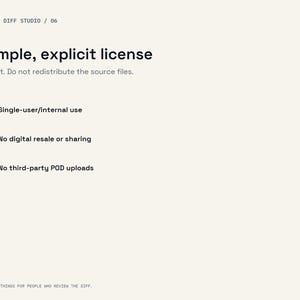 May include: A digital license document with a light cream background and a vertical blue stripe on the left. It features the text Small Diff Studio / 06, Simple, explicit license, Use it. Do not redistribute the source files, and three bullet points.