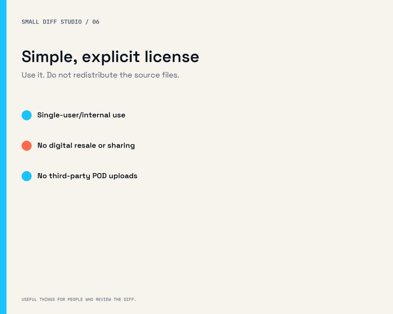 May include: A digital license document with a light cream background and a vertical blue stripe on the left. It features the text Small Diff Studio / 06, Simple, explicit license, Use it. Do not redistribute the source files, and three bullet points.