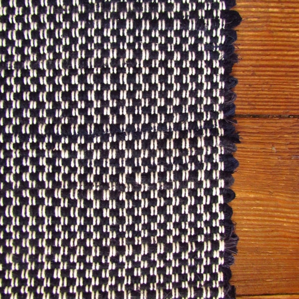 RAG RUG RUNNER Deep Navy Indigo and Cottony White Handwoven Recycled Washable