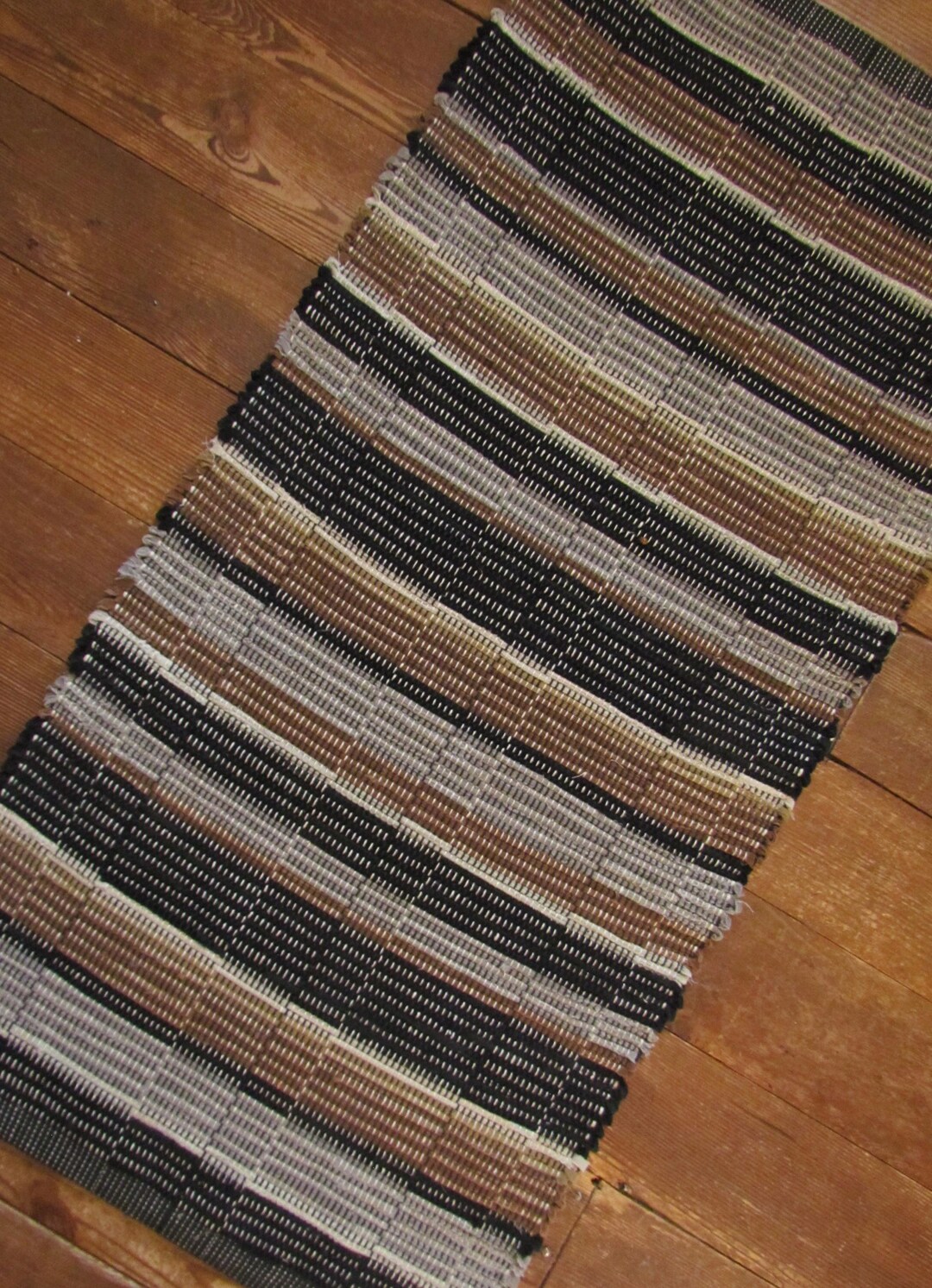 Handwoven Rag Rug Hemp Cotton Recycled Cords Earth Stripes 23