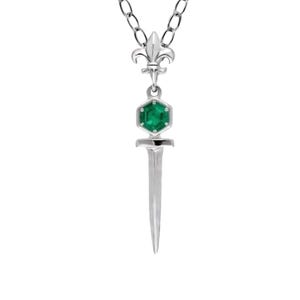 May include: A silver-toned necklace featuring a pendant shaped like a slender dagger. The hilt of the dagger is adorned with a small, hexagonal, vibrant green gemstone. Above the gemstone, a fleur-de-lis motif connects to a delicate chain.
