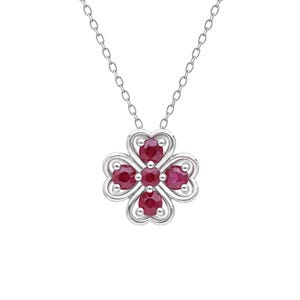 Collar con colgante de trébol de cuatro hojas de plata de ley con circonitas rojas, dije de flor de pétalos de corazón color rubí, regalo de joyería de piedra natal de julio para ella.