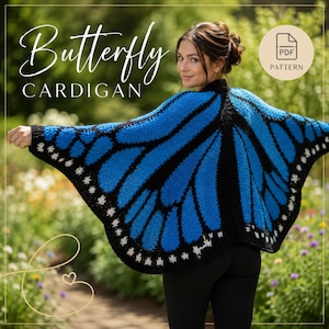 May include: A crochet cardigan featuring a blue and black butterfly wing pattern with white accents along the edges. The text "Butterfly CARDIGAN" and a "PDF PATTERN" icon are visible in the upper portion of the image.