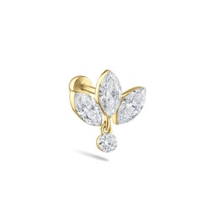 May include: A gold stud earring featuring three marquise-cut clear stones arranged in a fan shape, with a single round-cut clear stone dangling from the center. The metal setting is polished yellow gold, and the piece includes a flat back post.